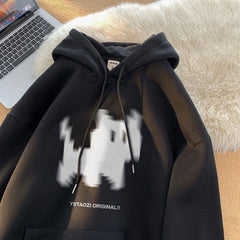 Black Cat Print Solid Color Oversized Hoodie