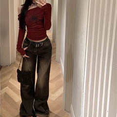 Spider Print Off Shoulder Slim Long Sleeve Tee - fairypeony