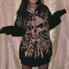Skull Print Zip Up Oversized Hoodie - fairypeony