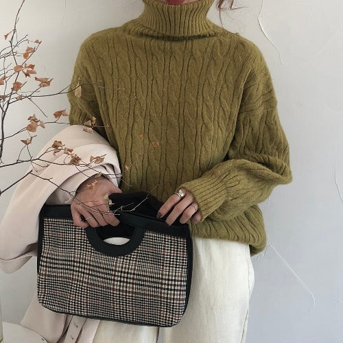 Solid High Neck Cable Knit Sweater - fairypeony