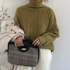 Solid High Neck Cable Knit Sweater - fairypeony