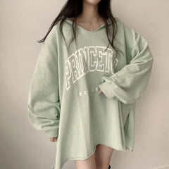 Letter Print Oversized Hooded Long Sleeve Tee - fairypeony