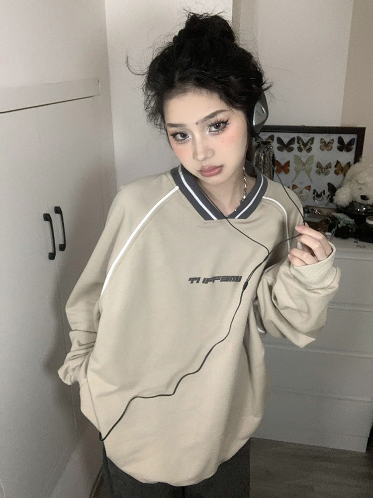 Print V Neck Patchwork Sweatshirt - fairypeony