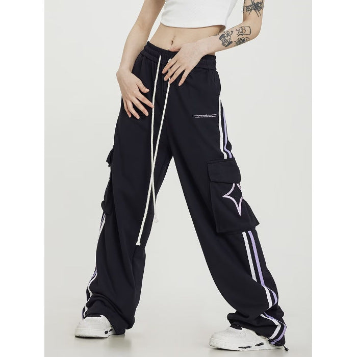 Big Pocket Stripe Drawstring Cargo Sweatpants - fairypeony