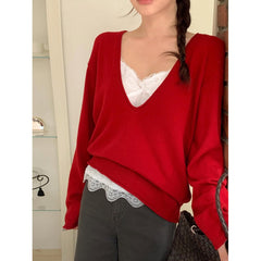 Women V-Neck Long Sleeve Solid Casual Knit Sweater