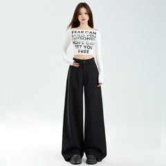 Black Wide-Leg Suit Pants Mid-High Waist Loose Casual Trousers
