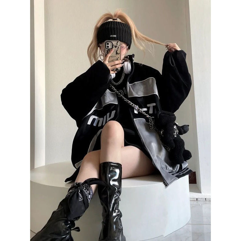 Contrasting Oversize Vintage Moto Jacket - fairypeony