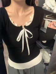 Aesthetic Lace Trim Tie Long Sleeve Slim Tee