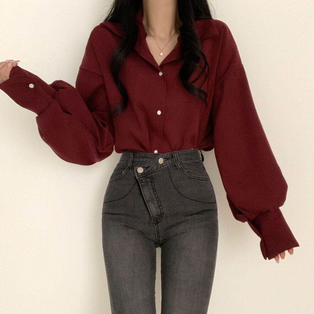 Solid Color Long sleeve Blouse - fairypeony