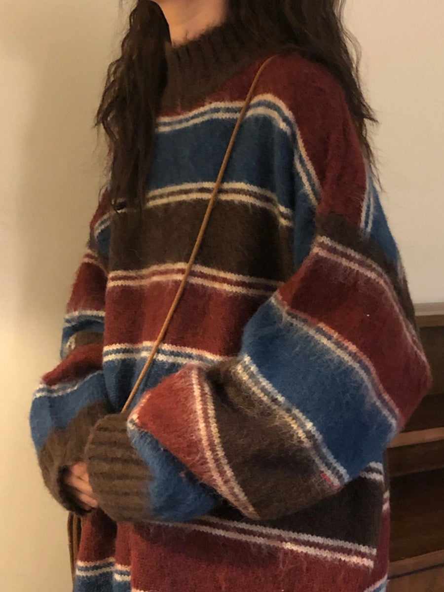 Vintage Striped Crew Neck Pullover Sweater - fairypeony