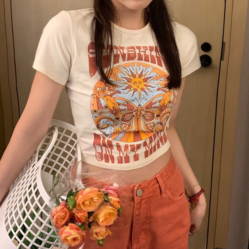 Indie Print Short Sleeve Crop Top - fairypeony