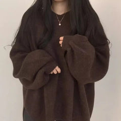 Round Neck Solid Color Oversized Sweater - fairypeony