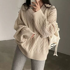 Korean Chic Cable Knit Loose Fit Pullover Sweater – Thick Warm Top