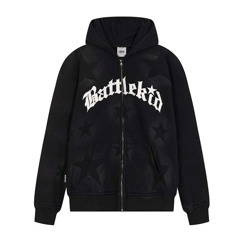 Oversized Star Print Zip Up Hoodie - fairypeony