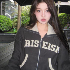 Patchwork Letters Zip Up Jacket - fairypeony
