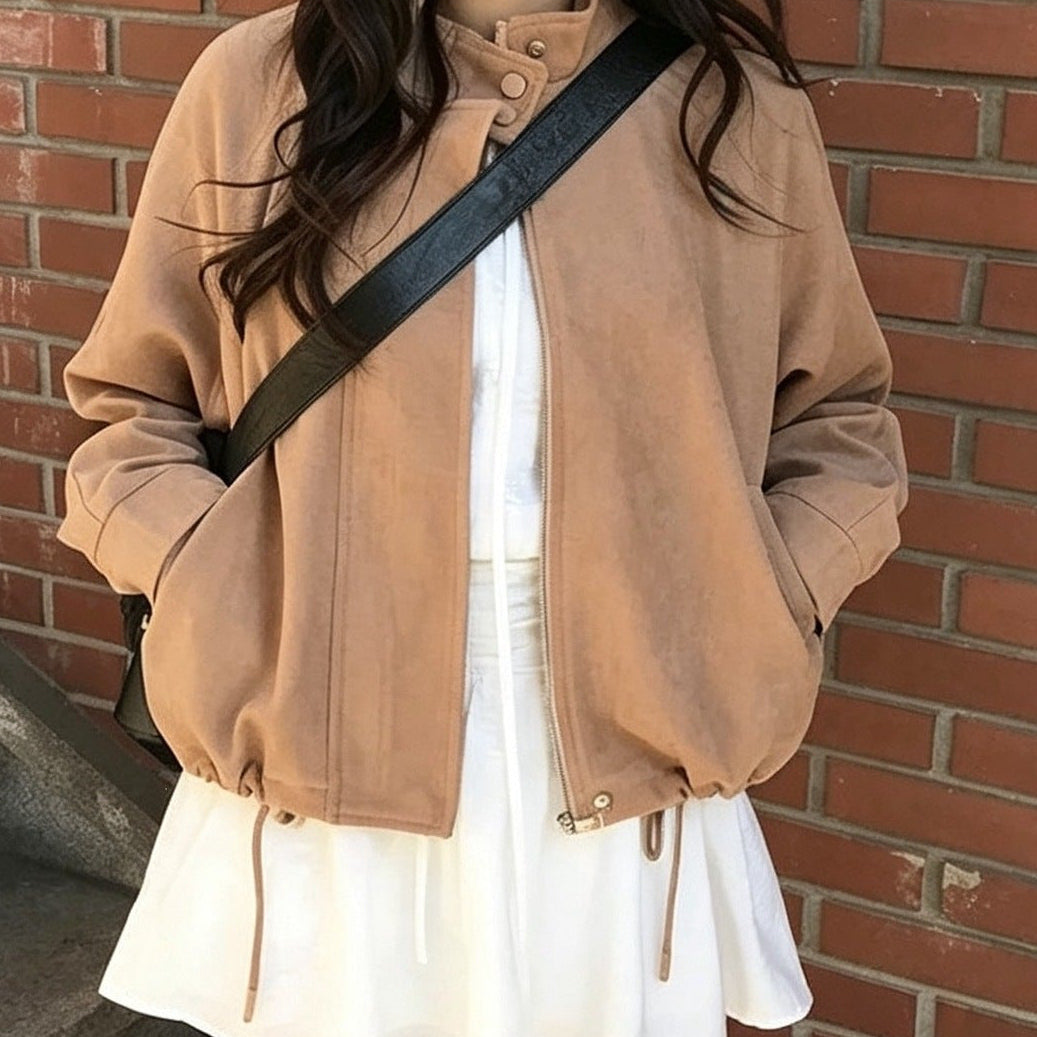 Swing drawstring deerskin fleece jacket in khaki, styled with crossbody bag