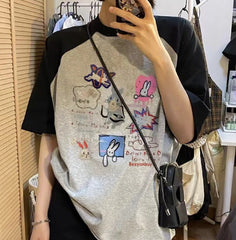 Cartoon Print Raglan Short Sleeve Tee