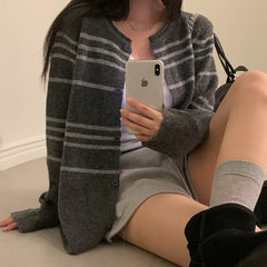 Dark Academia Round Neck Striped Cardigan