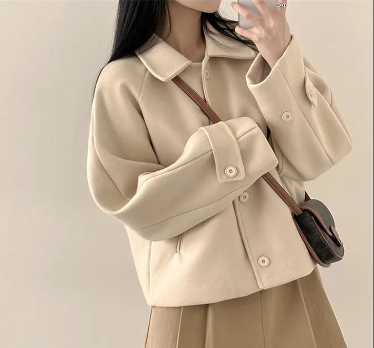 Korean Style Wool-Blend Cardigan – Open Front Polo Collar Long Sleeve Knit - fairypeony