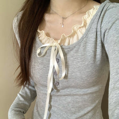 Ruffled Collar Bow Knot Long Sleeve Tee