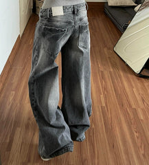 Vintage washed double-waistband wide-leg jeans in grey, back view