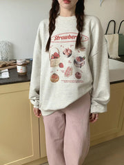 Crewneck Strawberry Print Loose Cotton Sweatshirt Pullover