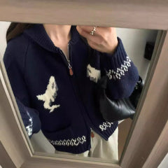 Korean Style Heavy Industry Cartoon Dolphin Lapel Zipper Knitted Cardigan