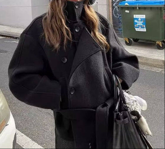 High-End Stand-Up Collar Woolen Coat – Faux Fur Loose Fit Mid-Length Coat - fairypeony