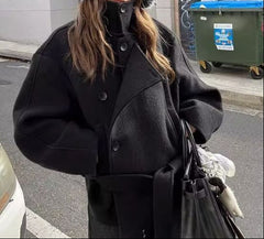 High-End Stand-Up Collar Woolen Coat – Faux Fur Loose Fit Mid-Length Coat - fairypeony