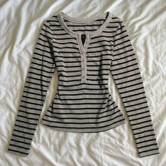 2000s Striped Long-Sleeve Knitted Top – Slim Henley Button Tee in 2 Colours XS–XL