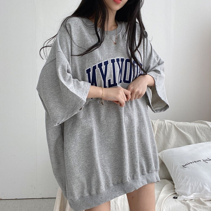 Embroidery Letter Oversized Half Sleeve Tee - fairypeony