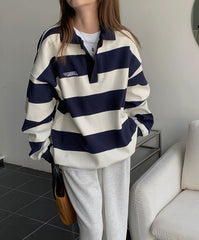 Vintage Polo Collar Striped Oversized Tee - fairypeony