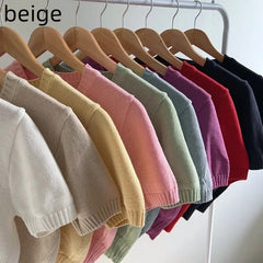 V-neck Solid Color Short Sleeve Knitted Tee