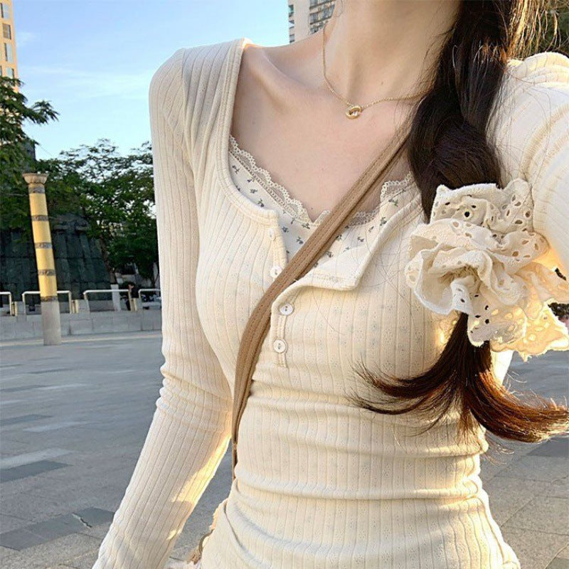 Lace Trim Coquette Long Sleeve Patchwork Tee - fairypeony