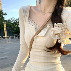 Lace Trim Coquette Long Sleeve Patchwork Tee - fairypeony