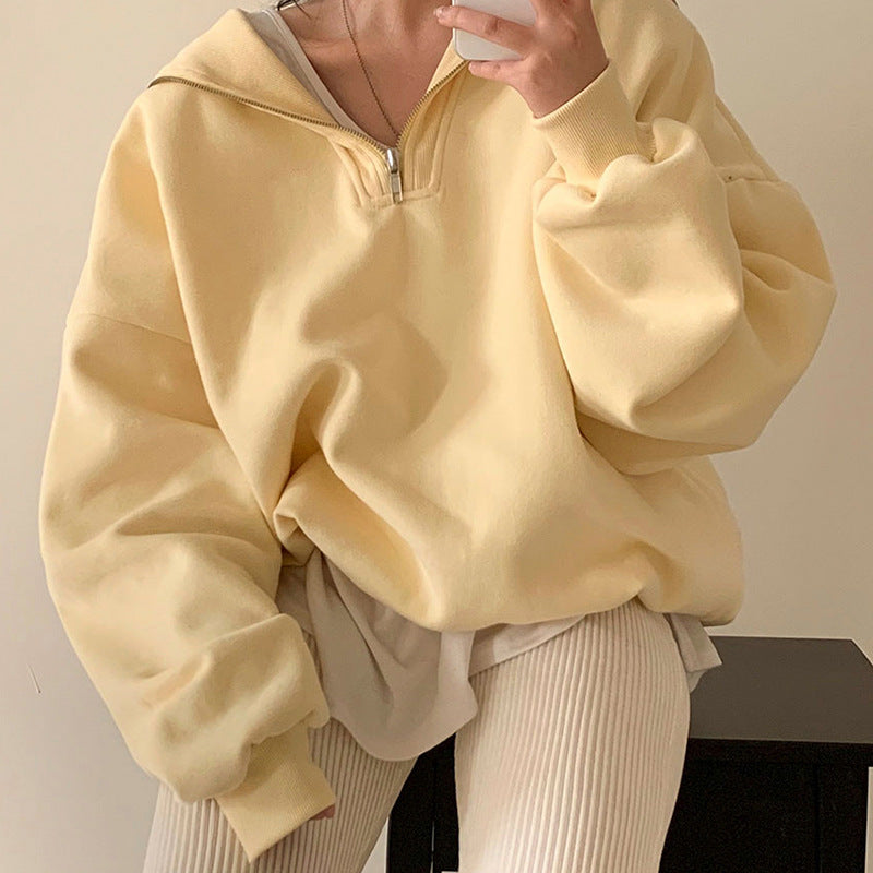 Solid Color Half Zip Up Oversized Sweatshirt - fairypeony