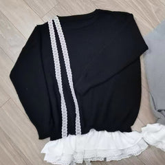 Lace Tie Oversized Patchwork Knitted Tee - fairypeony