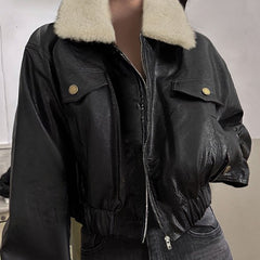 Vintage Fur Collar Pu Leather Zip Up Jacket