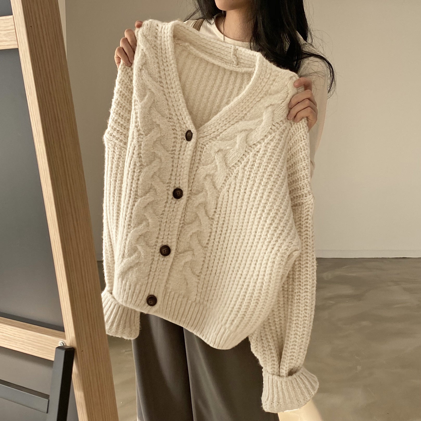Solid V Neck Puff Sleeve Cable Knit Cardigan - fairypeony