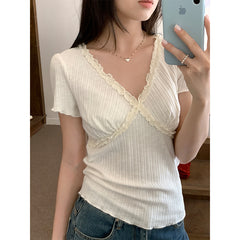Lace Trim V Neck Slim Short Sleeve Tee