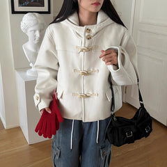 Vintage Duffle Button Hooded Wool Coat