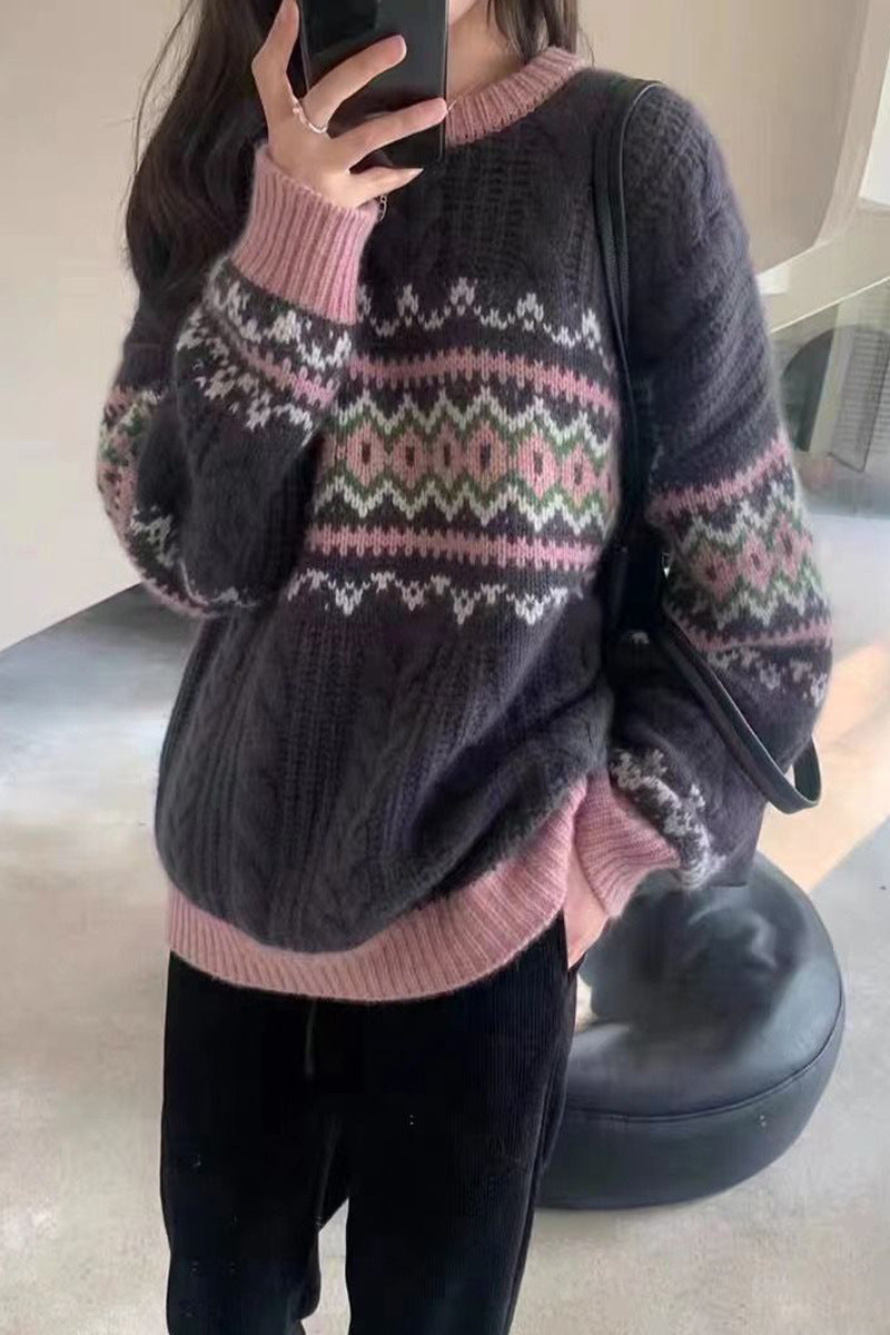 Wool Blend Geometric Pullover Sweater – Loose Fit Waxy Yarn Crewneck Knit - fairypeony