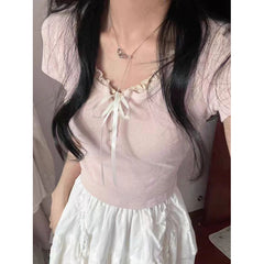 Coquette Tie Front Lace Trim Tee - fairypeony