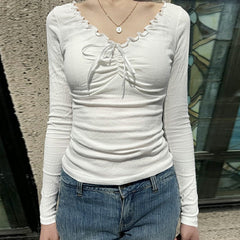 Solid Color Ruffled V-Neck Bow Long Sleeve Tee