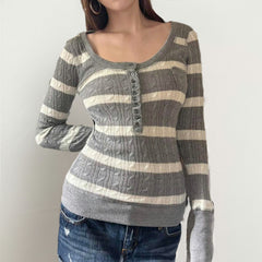 Womens Striped Cable-Knit Square-Neck Sweater