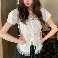 Fairy Lace Edge Puff Short Sleeve Blouse