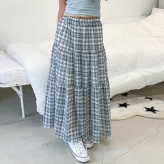 Aesthetic Plaid Print Umbrella Maxi Skirt