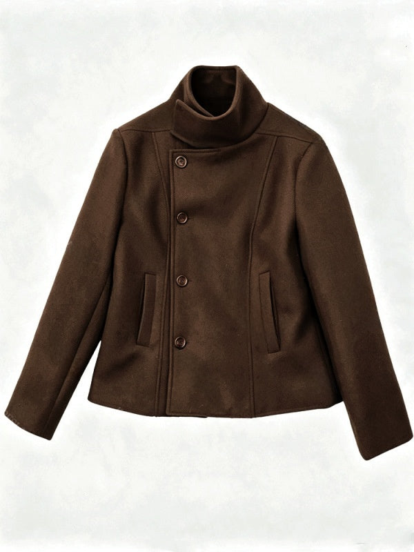 Korean style stand collar sweatshirt jacket in dark brown