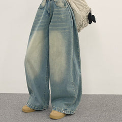High waist wide-leg vintage washed jeans in light blue, full length