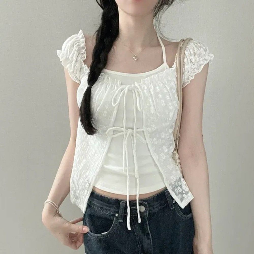 Floral Fake Two-piece halter Blouse - fairypeony